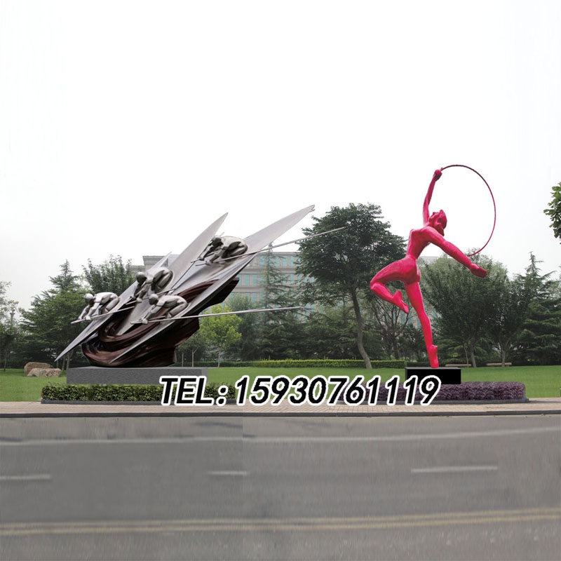 大型校园不锈钢广场雕塑滑雪体操运动人物镜面彩绘不锈钢雕塑